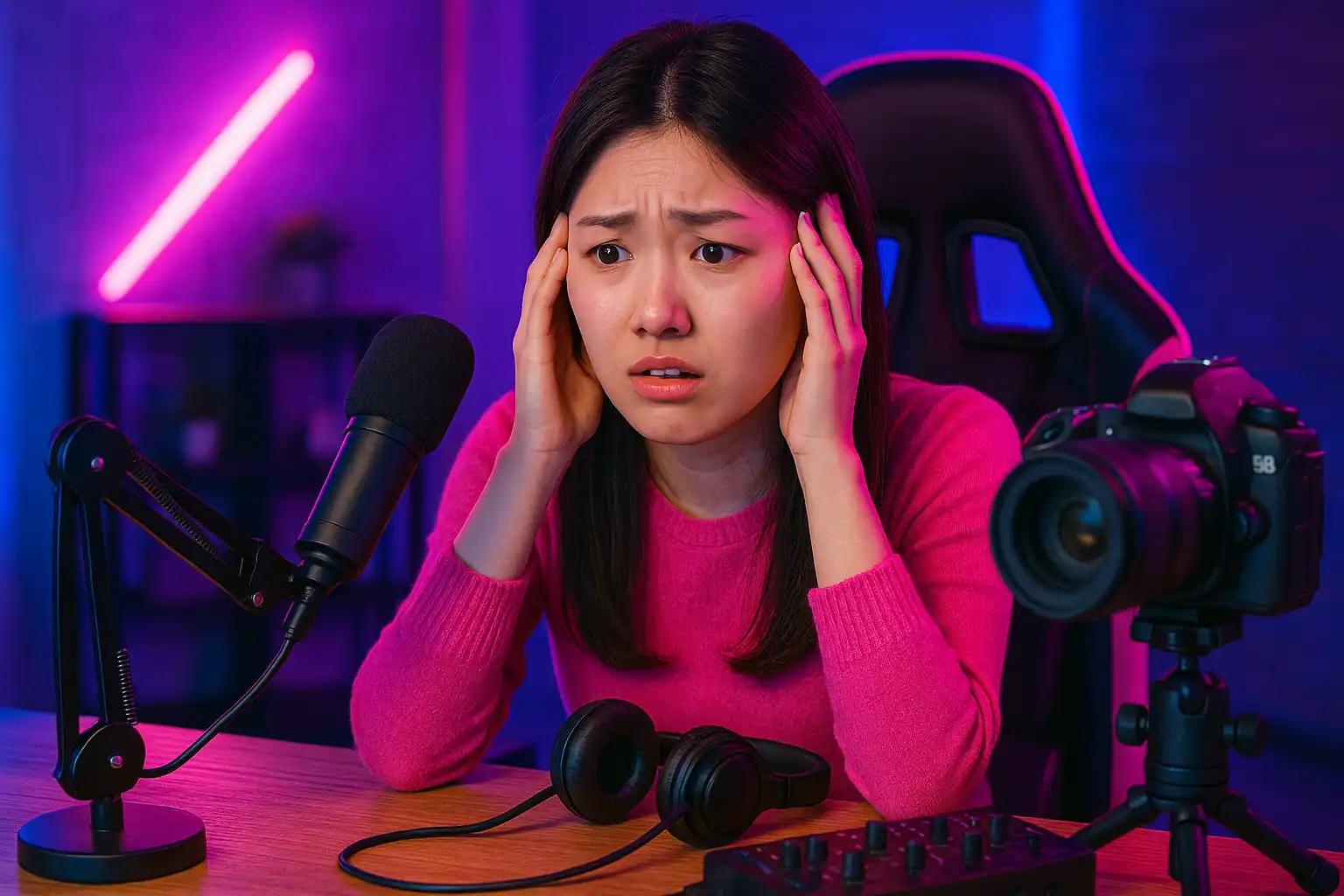 機材を前に困っている